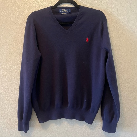 Polo Ralph Lauren Men's V Neck Sweater Large Blue 100% Pima Cotton Preppy - Picture 1 of 5